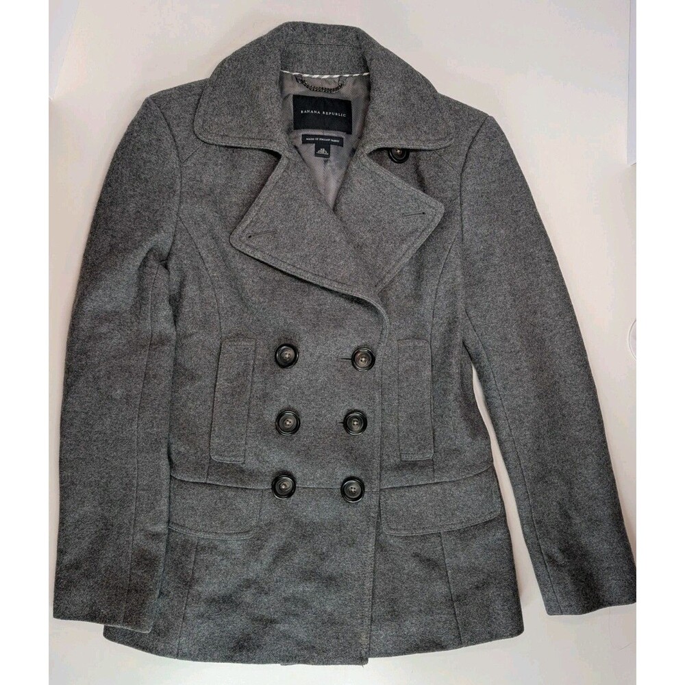 Banana Republic Wool Peacoat Womens XS Gray Double Breasted Lining Stains 2009